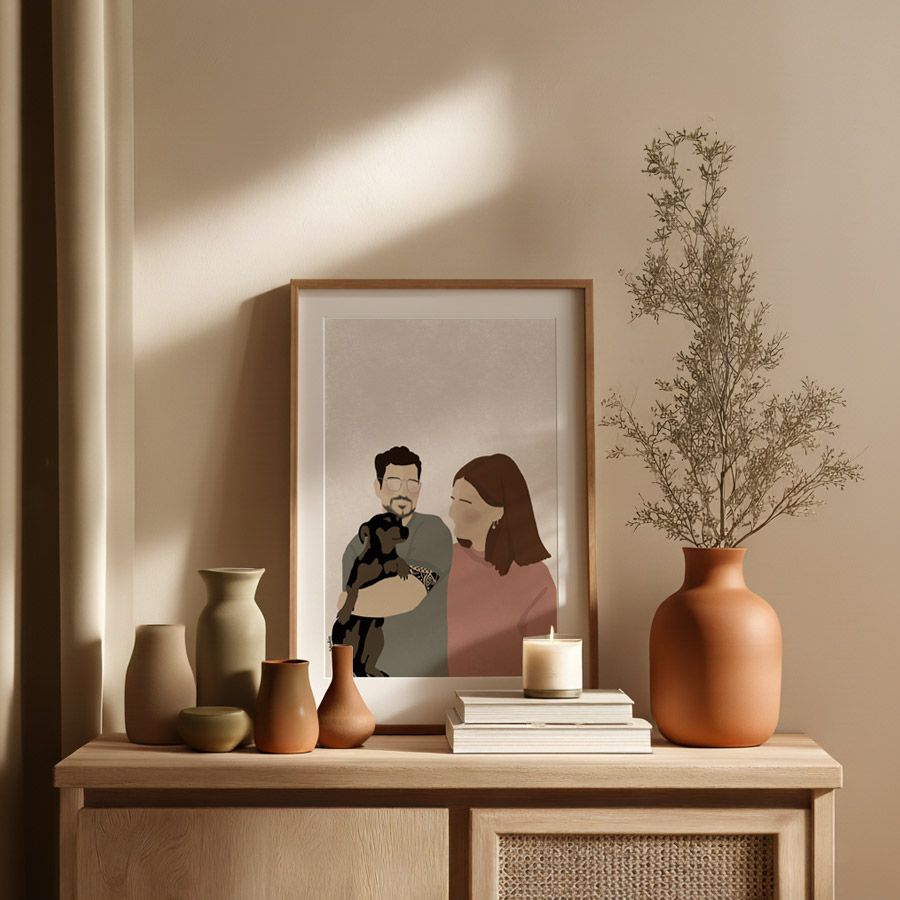 Retrato personalizado de pareja con perro